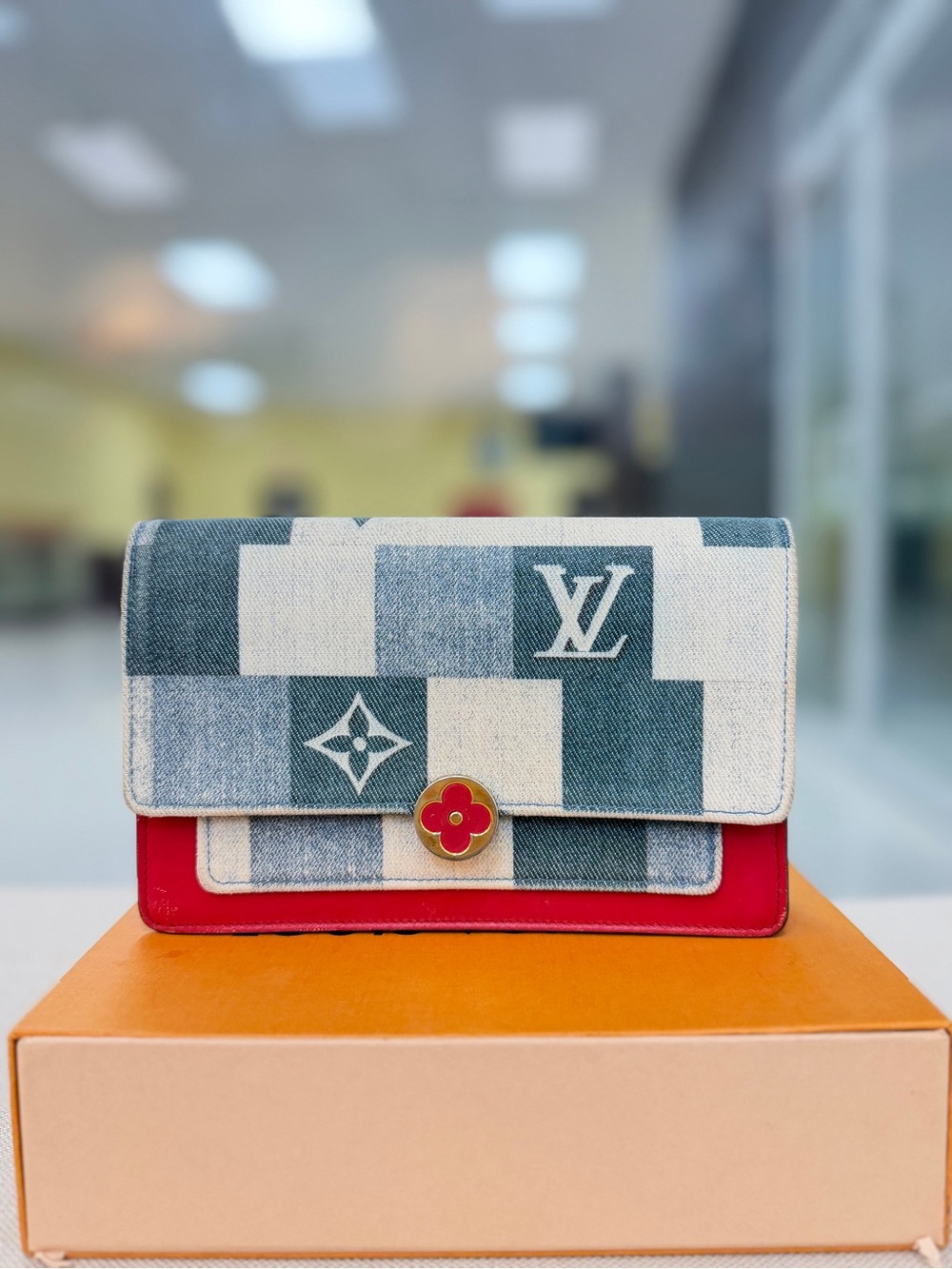 Louis Vuitton Blue Denim Checker & Red Leather Crossbody Wallet